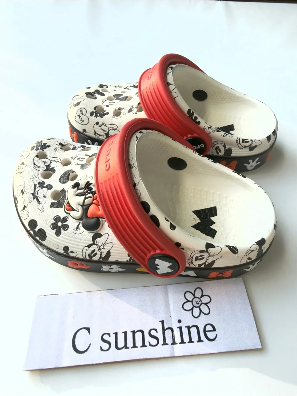 CROCS Mickey Mouse, Minnie, mouse Print Clogs with Red Straps